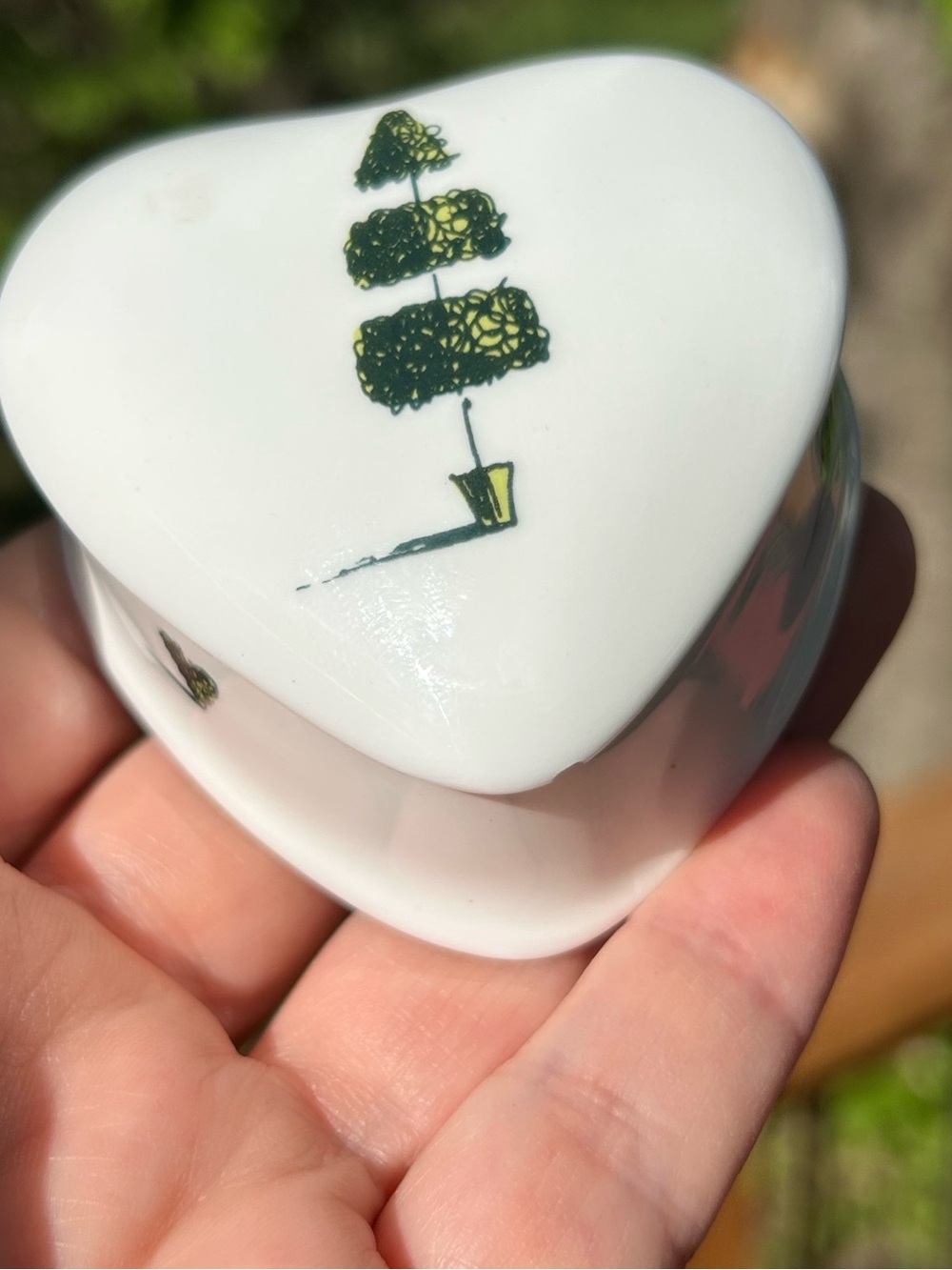Vintage Trinket Box Heart-Shaped Green Topiary Repeat Repeat Bone China England